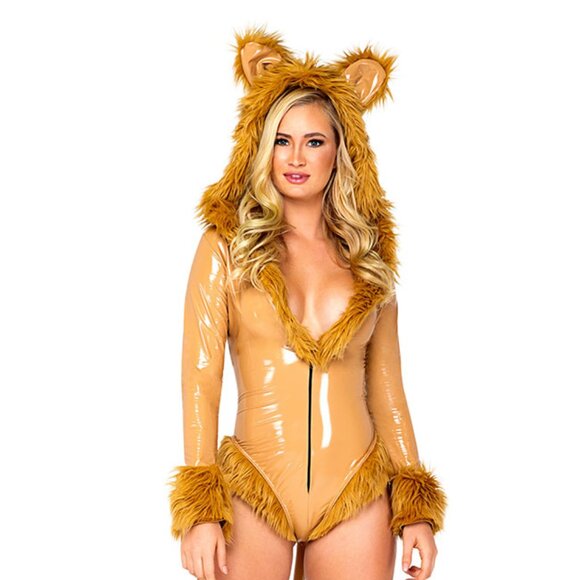 S Queen of the Jungle Lion Vinyl & Fur Animal Halloween Cosplay Costume Sexy - Picture 1 of 3